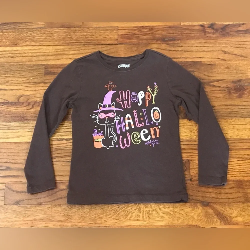 OshKosh Girl Halloween Shirt Black Cat Pumpkin Candy Toddler Size XS 4 - 5 / 5T